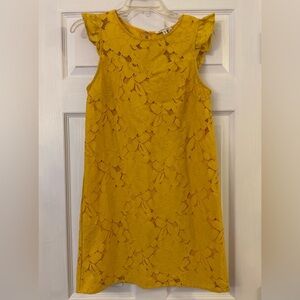 Monteau Woman Lace Dress Sz Small Sleeveless Ruffle Keyhole Back Mustard Yellow